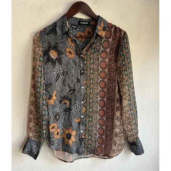 Desigual Mixed Print Boho Button Up Top XS Semi Sheer Patchwork Bohemian Luxury - Picture 1 of 7